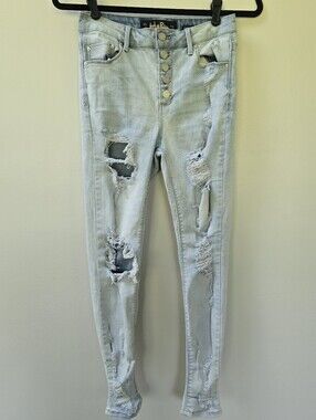 Indigo Rein Light Blue Distressed Button-Fly Skinny Jeans